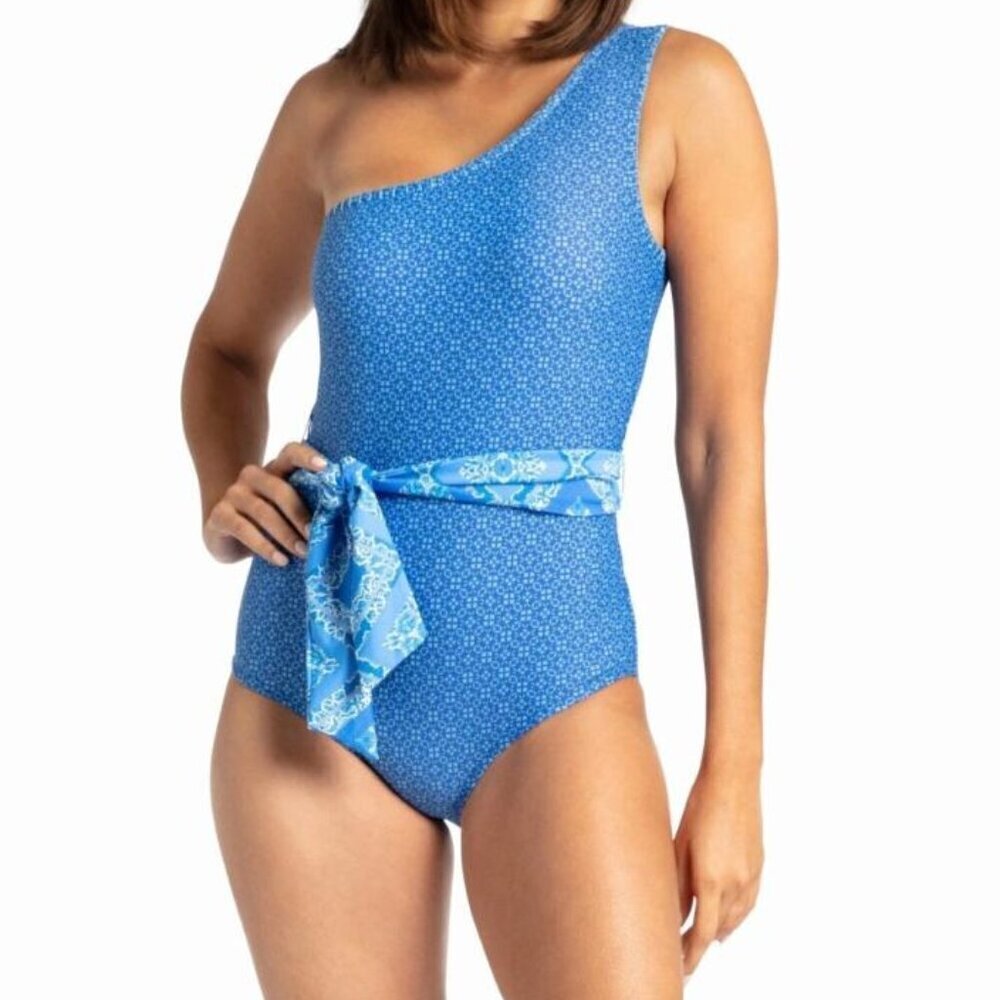 Cabana Life Women Blue White Windermere One Shoulder Sash Swimsuit Size Medium